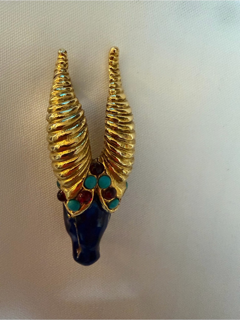 Gold-Tone Horned Pendant with Blue enamel and Turquoise stones 58 mm